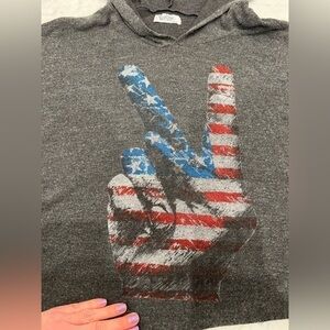 LAUREN MOSHI grey hooded boxy sweatshirt w/ distressed peace logo size XS/S